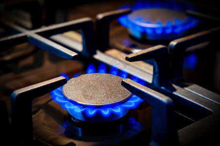 圆圈丙烷黑色的厨房煤气燃烧器体火焰中的亮蓝色图片