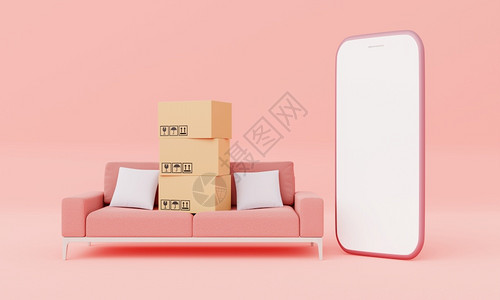 带有孤立的白屏幕智能手机和客厅沙发家具装饰模型的纸板盒以粉色糊面背景为主的粉红糊面壁画商业交付购物在线概念3D插图支付在线的店铺图片