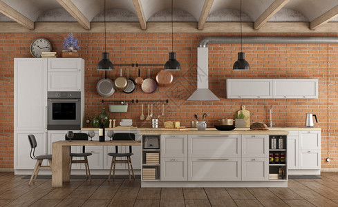 建筑学旧内地有岛墙和砖的重白厨房3D制成Retro白色厨房旧内地有砖墙渲染厨具图片