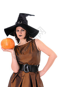 万圣节南瓜帽子十月恐惧狂欢有南瓜的年轻巫婆孤立在白色背景背景