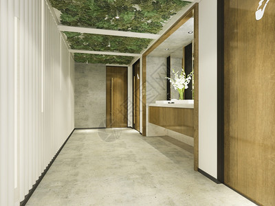 优质的3d配有绿色墙装饰的木柴和现代瓷砖公共厕所肥皂室内的图片