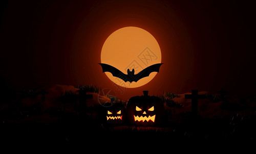 卡通片满的万圣节南瓜和月光飞蝙蝠在奇异的夜晚杰克奥绿灯党3D制作橙图片