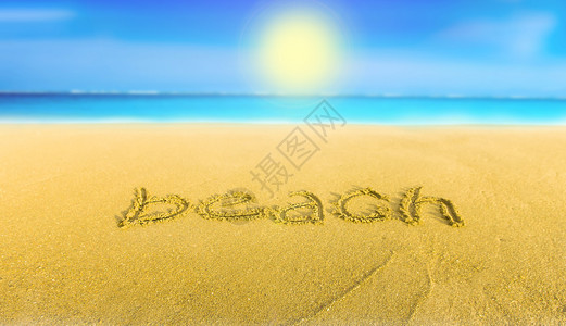 沙滩上的手写英文单词图片