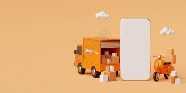 命令信使食物电子商务概念移动应用送货服务卡车或小摩托运输3D类图片