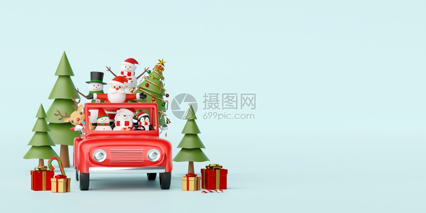 使成为雪橇一种圣诞快乐和新年圣诞老人和朋友坐在一辆红色的车上装饰圣诞礼章3D图片