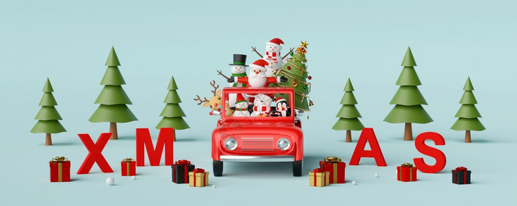圣诞快乐和新年圣诞老人和朋友坐在一辆红色的车上装饰圣诞礼章3D装饰季节艺术图片