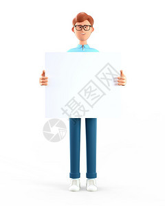 肖像眼镜抓住3D展示笑快乐的商人拿着白空板画上挂着横幅广告海报孤立在白色背景上的卡通常人图片