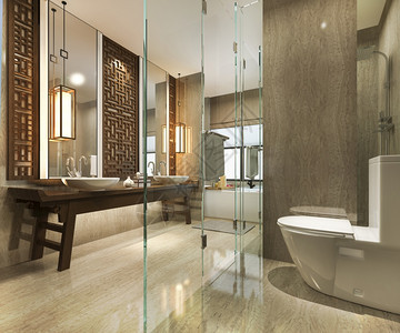 现代的3d提供现代厕所配有豪华瓷砖和墙壁装饰风格镜子图片