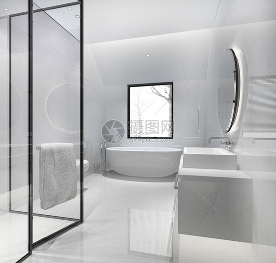 3d提供现代厕所配有豪华瓷砖装饰肥皂内部的阁楼图片
