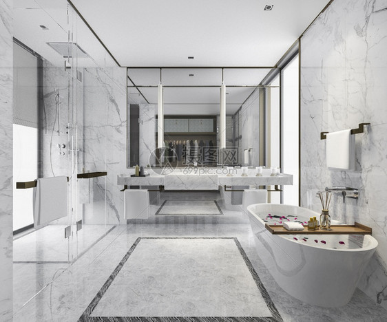 房间白色的3d提供现代厕所配有豪华瓷砖装饰墙图片