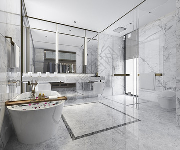 明亮的当代屋3d提供现代厕所配有豪华瓷砖装饰图片