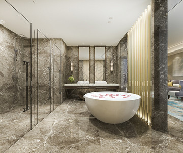 3D提供经典现代洗手间配有豪华瓷砖装饰奢当代的屋图片