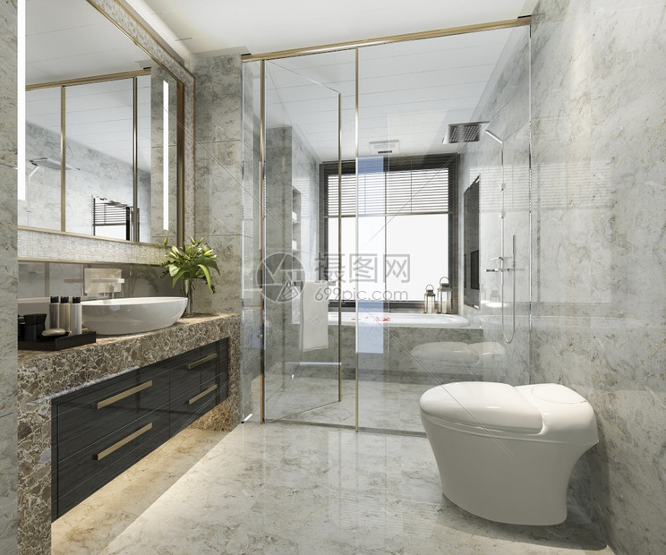 3D提供经典现代洗手间配有豪华瓷砖装饰公寓淋浴最小的图片