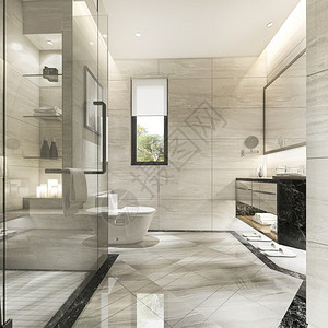 3d提供现代厕所配有豪华瓷砖装饰渲染放松当代的图片