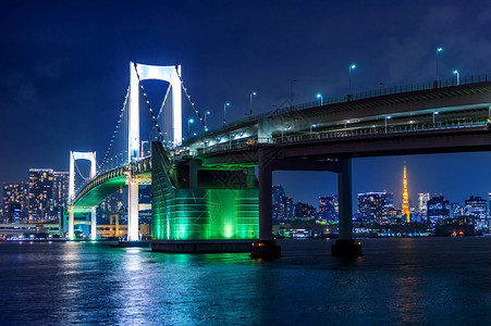 日本东京与彩虹桥和塔连接的天际线日落建筑物城市的图片