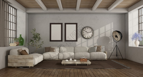 内部的装饰风格白色客厅在一间有木沙发的阁楼里3D把客厅换成用生沙发的阁楼里窗帘图片