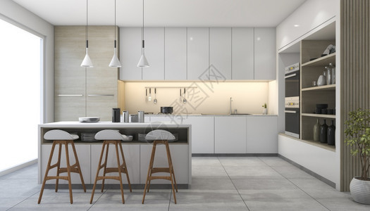 美丽的3d配灯白色现代设计厨房配饰间图片