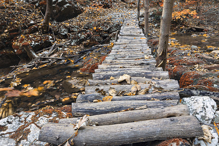 罗马尼亚Nerei峡谷自然通道上的木脚桥美丽制内雷图片