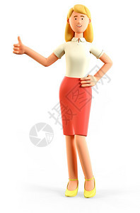 海报短裙3D插图站立的美丽金发女展示手势凉爽画像在白色背景上被孤立的红裙子中穿着大拇指举起的红裙微笑着优雅有吸引力的女商人卡通笑图片