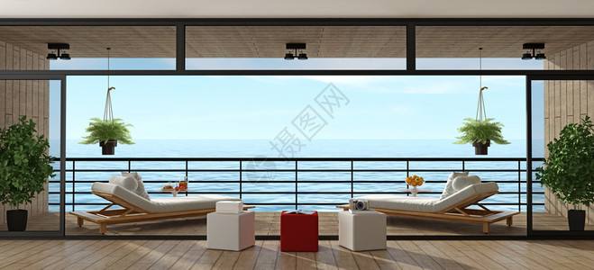桌子软垫假日别墅有木阳地和的假日别墅在木阳地上有两个Chais休息室3D渲染图片