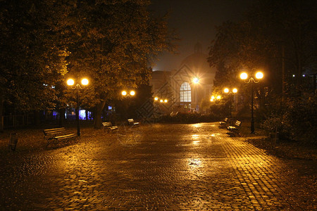 发光的伊凡诺弗兰基夫斯克公园夜间城市配有灯笼和长椅结石上市背景图片