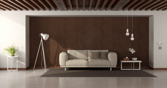 枝形吊灯房间以白色墙壁现代沙发对木板和屋顶束的现代化客厅3D使现代客厅与沙发对木板图书图片