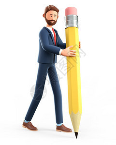 3D插图笑的有创意人写作用大铅笔可爱卡通胡须商人绘画用巨笔在白色背景上孤立可爱的手卡通片图片