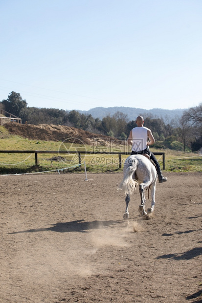 动物农村在沙地上骑白马的穿散装年轻人服图片