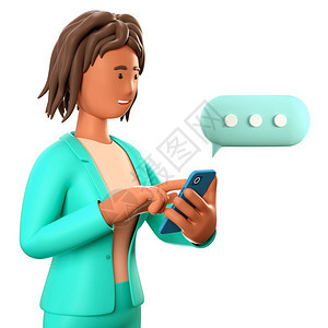 演讲工作3D插图非洲女在智能手机上聊天时使用语音泡卡通女商人用社交网络通信移动连接概念在电话上说和打字的3D插图虚拟的图片