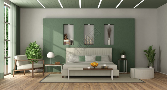 白色和绿的优雅主卧室用双床对着有缝隙的墙壁3D制成白色和绿优雅的主卧室阳光软垫植物背景图片