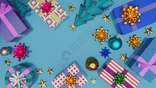 金的礼物盒和圣诞树的顶端视图背景上闪亮的球空着间圣诞快乐和新年3D插图圣诞节卡片图片