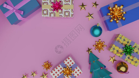 颜色礼物盒和圣诞树的顶端视图粉红背景上闪亮的球空着间圣诞快乐和新年3D插图红色的庆典图片