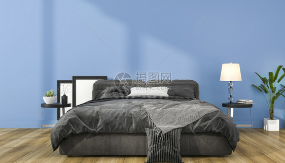 床蓝色的3d以扫描禽风格制作的古蓝色最小模拟卧室桌子图片