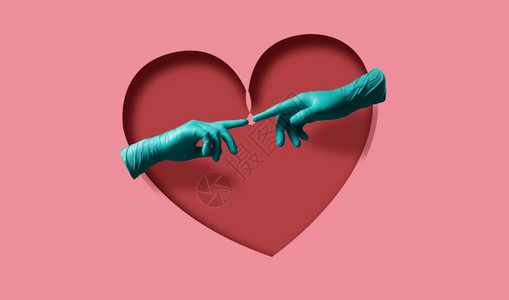 浪漫尝试在科罗纳期间的爱和关系与医疗手套两概念试图触摸更近漂浮在红心上情人节图片