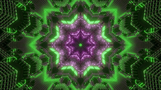 插图3d显示深金属隧道的抽象背景其形状是绿色和紫荧光照亮的花朵3d显示带有几何形状的抽象背景紫色的飞船图片