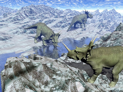 风景冰冷沙漠地貌的三只恒星恐龙蓝色日分水生3D层附近有巨星恐龙灭绝蜥蜴图片