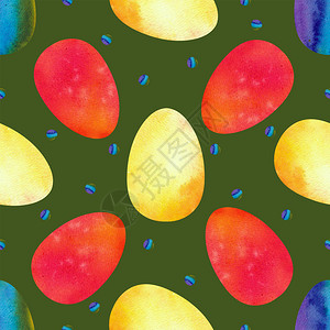 颜色一种装饰品在绿色背景的五颜六复活节彩蛋无缝的样式水彩例证在绿色背景的五颜六复活节彩蛋无缝的样式水彩图片