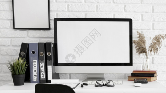 白色的商业前视电脑屏幕办公室工作区分辨率和高品质美丽照片前视电脑屏幕办公室工作区高品质美丽照片概念嘲笑图片