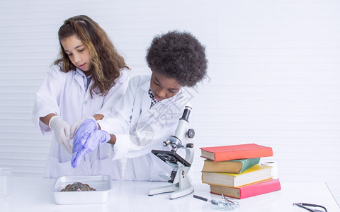 化学启发高加索女孩和非洲黑人男一起学习科在校教育和多样概念的课堂上一起做实验在教育与多样概念中共同进行实验研究图片