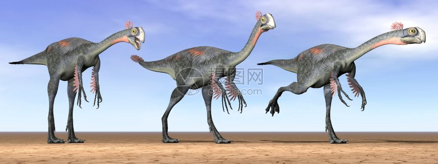 绿色沙漠中3千兆吨的恐龙由日光在沙漠中的Gigantoraptor恐龙场景经过图片