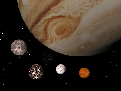 自然木卫三70年代星的抗风暴和四颗著名的卫星IoEuropaGanymede和Callisto于夜间出现图片