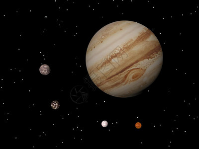 木星的抗风暴和四颗著名的卫星IoEuropaGanymede和Callisto于夜间出现大气层轨道经过图片