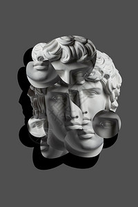 波普艺术风格的石膏仿古人脸雕塑拼贴现代创意概念形象与古代雕像头部杂志文化当代艺术海报复古设计时髦极简主义现代创意概念形象与古代雕图片