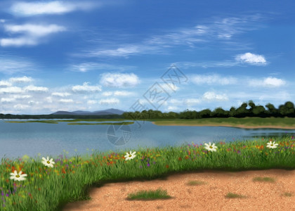 绘制下午湖面的油漆以观察山岳和清空的天艺术预订季节图片