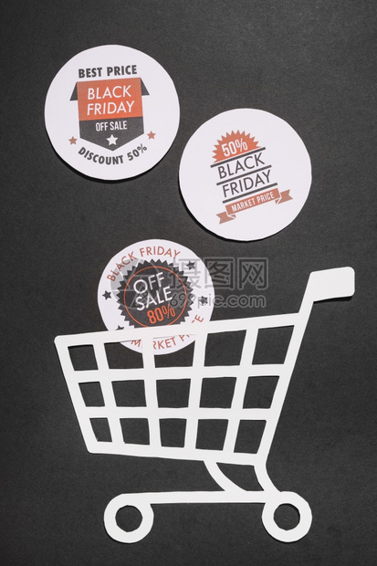 店铺特别的带黑色星期五标签提供纸购物车象征图片