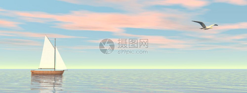 日出小帆船漂浮在宁静的水面上由粉红云状日落的海鸥漂浮在安静的水面和海鸥上乐趣插图图片