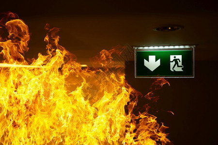 危险信息仓库天花板上挂着绿色逃生标志火灾训练的概念和疏散准备保护图片