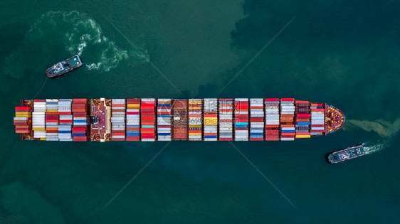 贸易加载集装箱船运在进出口业务商物流和货运集装箱船输载货船空中顶视图在职的图片