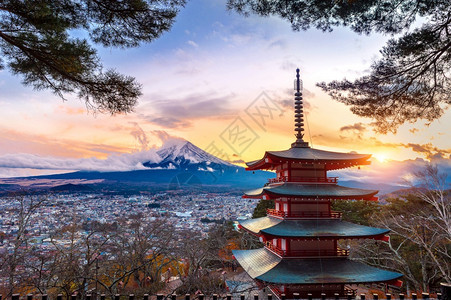 藤吉田春天日本落时藤山的美丽地标和日落时本的ChureitoPagoda神道图片