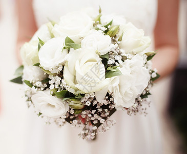 身纤细新娘爱浪漫的花新娘拿着外面白玫瑰的花束背景